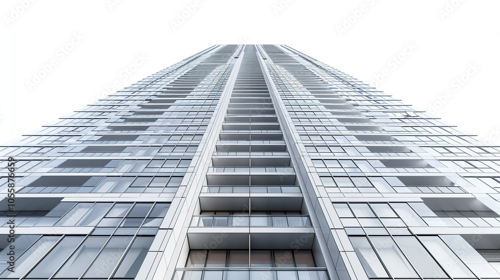 A low angle view of a modern glass and concrete skyscraper reaching towards the sky. A low angle view of a modern glass and concrete skyscraper reaching towards the sky.