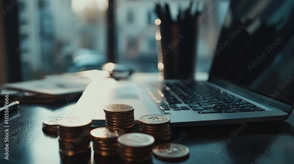 Stack of coins next to a laptop in a soft-lit office Stack of coins next to a laptop in a soft-lit office