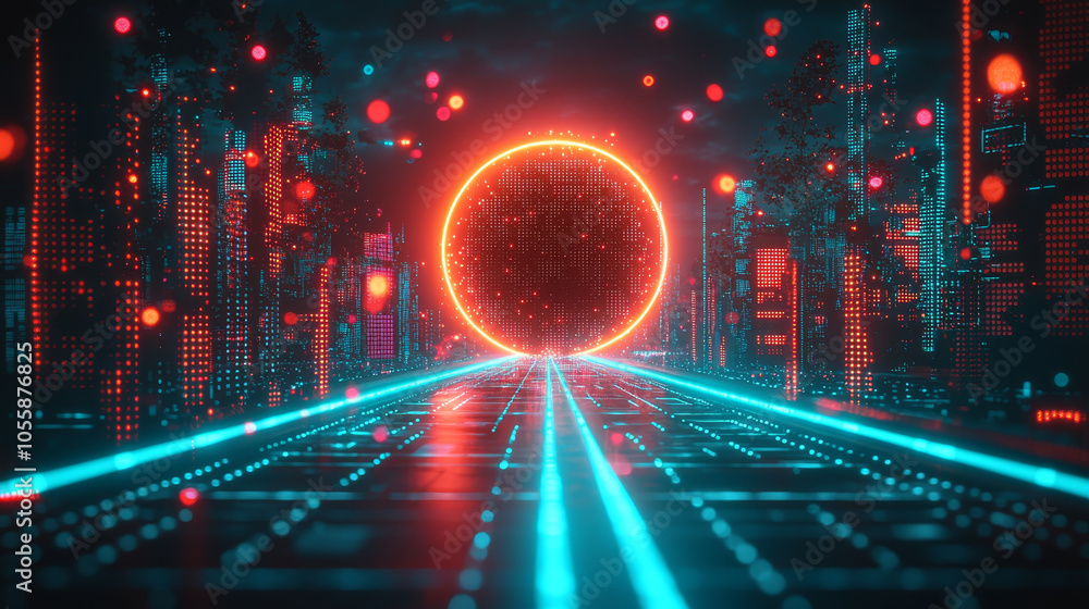 vibrant digital landscape featuring glowing circular portal surrounded by neon city structures. scene is illuminated with red and blue lights, creating futuristic atmosphere vibrant digital landscape featuring glowing circular portal surrounded by neon city structures. scene is illuminated with red and blue lights, creating futuristic atmosphere