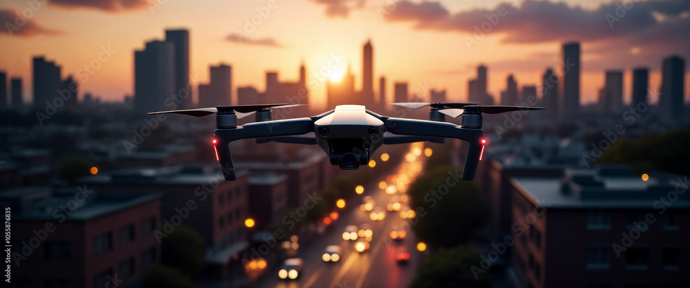 A drone flies over a city skyline during sunset, capturing stunning views of urban life and vibrant colors in the sky A drone flies over a city skyline during sunset, capturing stunning views of urban life and vibrant colors in the sky