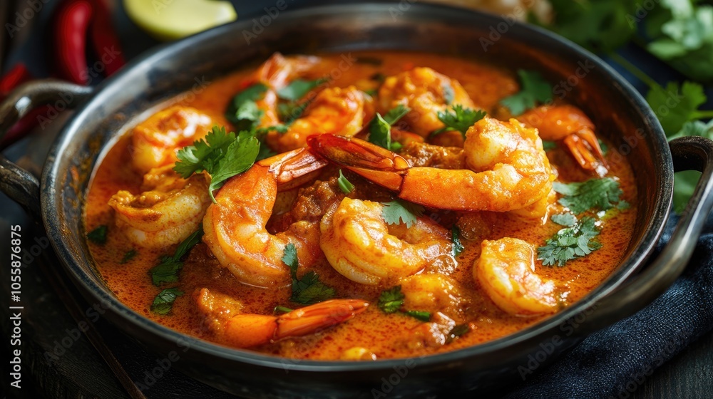 Prawn curry masala garnished with coriander embodying the essence of spicy cuisine Prawn curry masala garnished with coriander embodying the essence of spicy cuisine