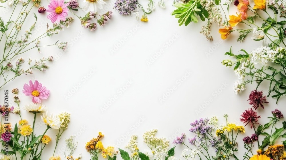Floral wreath of wildflowers on a white backdrop with ample space for text Minimalist and aesthetic design Floral wreath of wildflowers on a white backdrop with ample space for text Minimalist and aesthetic design