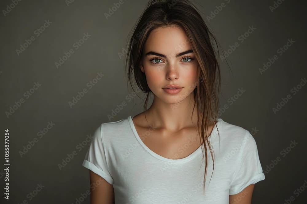 A stunning young woman in a casual white T-shirt glows under bright studio lights, against a clean white background. A stunning young woman in a casual white T-shirt glows under bright studio lights, against a clean white background.