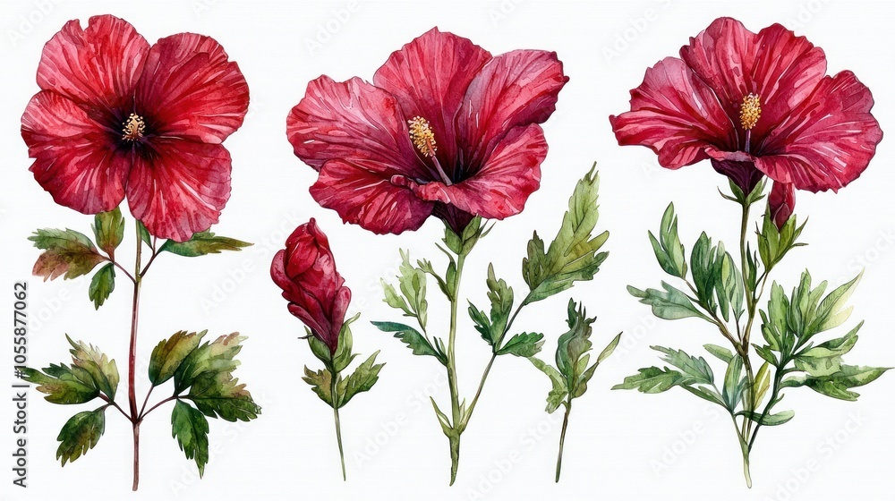 Watercolor Illustration of Red Hibiscus Flowers and Buds with Green Leaves Watercolor Illustration of Red Hibiscus Flowers and Buds with Green Leaves