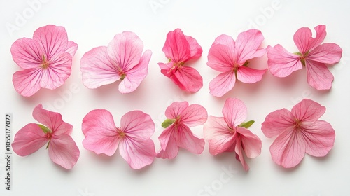 Collection of pink blooms and geranium petals Isolated floral design element captured from above