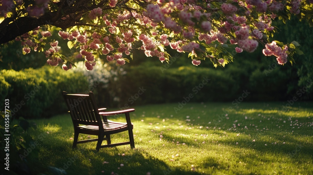Solitary chair in a sunlit cherry garden creating a tranquil space for relaxation on a warm summer day Solitary chair in a sunlit cherry garden creating a tranquil space for relaxation on a warm summer day