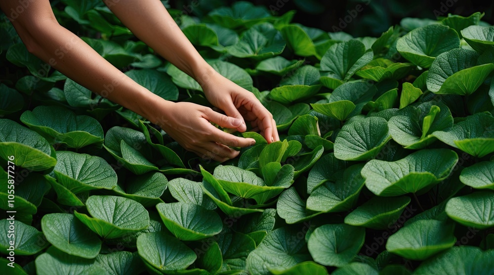 Hands Harvesting Centella Asiatica Leaves Hands Harvesting Centella Asiatica Leaves