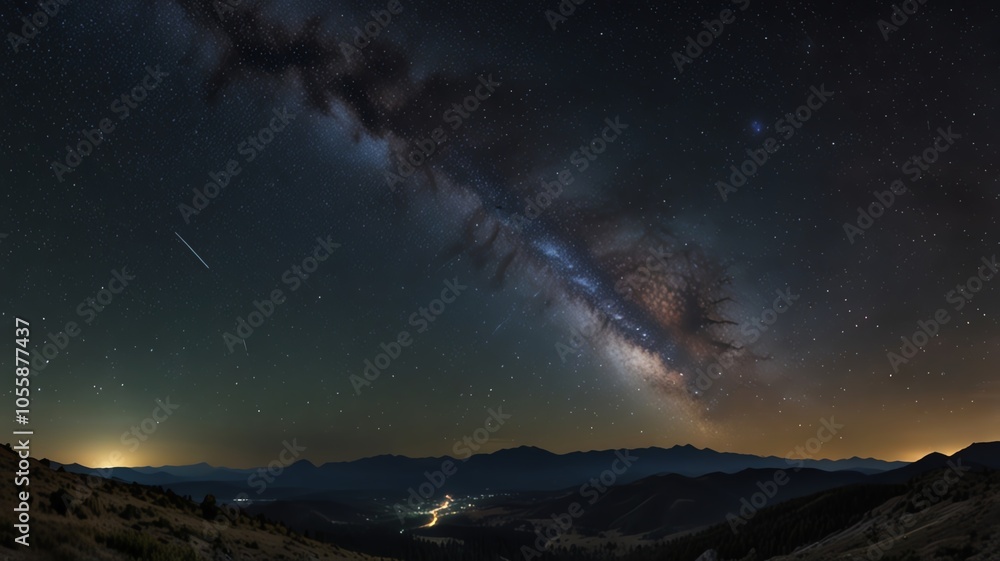 A breathtaking night sky with the Milky Way galaxy stretching across the horizon. The stars are twinkling brightly against a backdrop of dark, rolling hills. A breathtaking night sky with the Milky Way galaxy stretching across the horizon. The stars are twinkling brightly against a backdrop of dark, rolling hills.