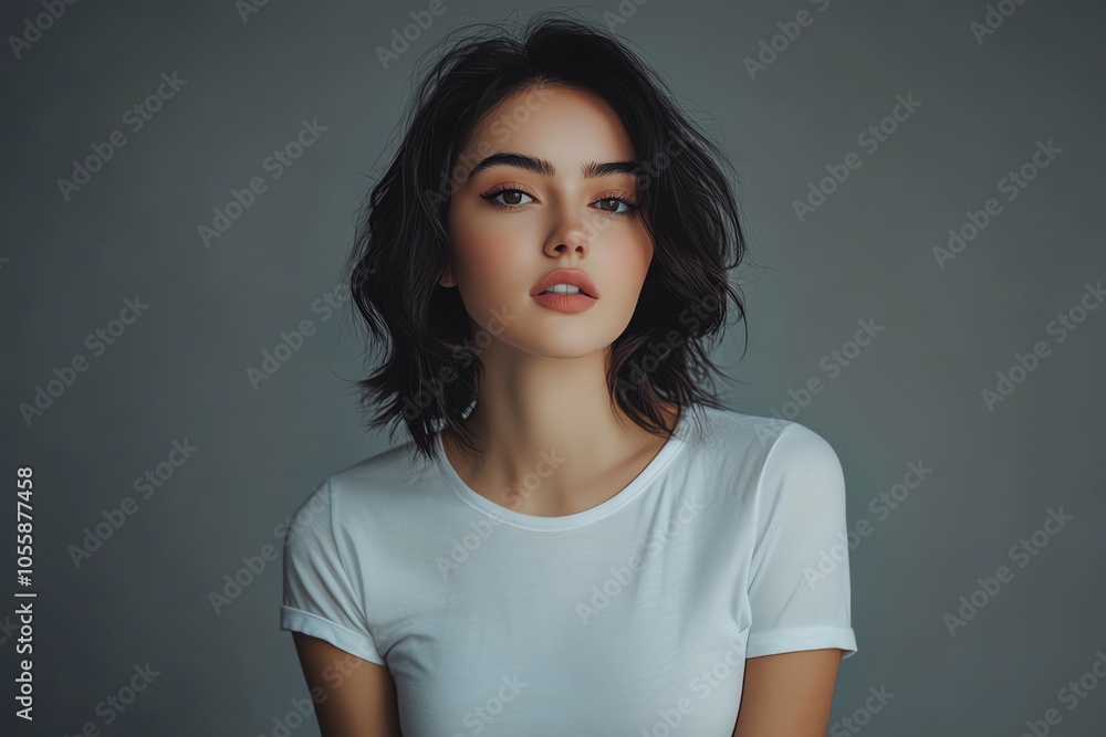 A stunning young woman in a white T-shirt glows under soft studio lighting, with a solid gray background. A stunning young woman in a white T-shirt glows under soft studio lighting, with a solid gray background.