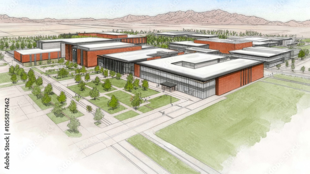 Fototapeta premium Modern Campus Building Architectural Design Sketch