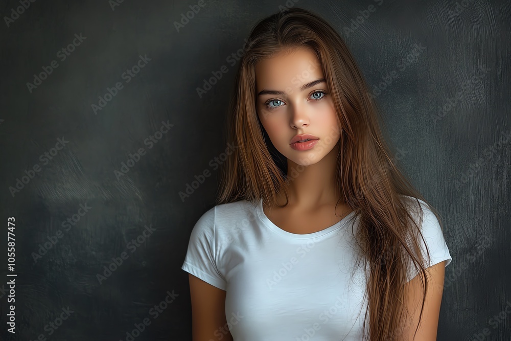 A stunning young woman in a white T-shirt poses confidently under studio lighting, with a seamless gray backdrop. A stunning young woman in a white T-shirt poses confidently under studio lighting, with a seamless gray backdrop.