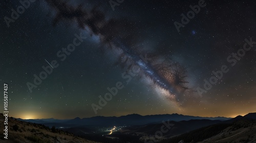 Wallpaper Mural A breathtaking night sky with the Milky Way galaxy stretching across the horizon.  The stars are twinkling brightly against a backdrop of dark, rolling hills. Torontodigital.ca