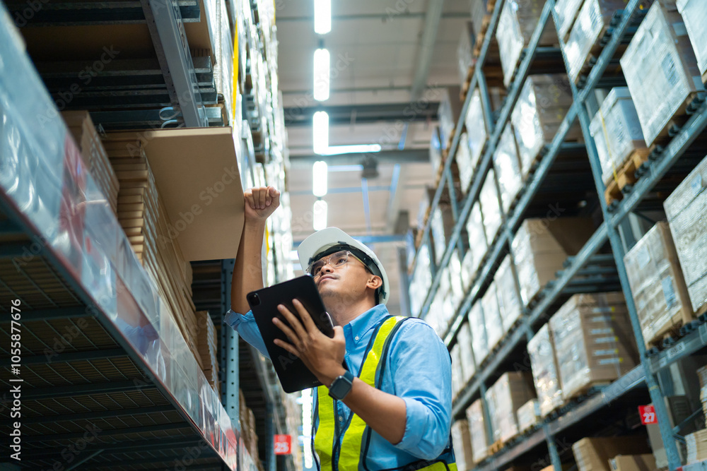 A man in a yellow vest is looking at a tablet while standing in a warehouse. He is wearing a hard hat and safety glasses A man in a yellow vest is looking at a tablet while standing in a warehouse. He is wearing a hard hat and safety glasses