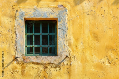 A window with a green frame is on a yellow wall