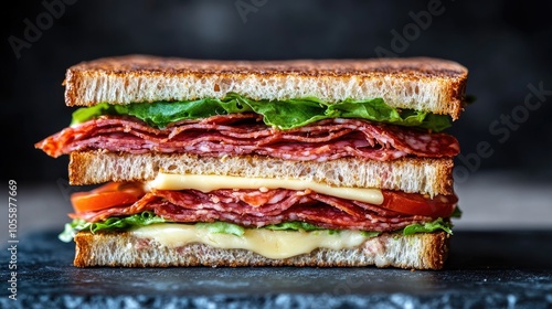 Delicious sandwich featuring layers of salami tomato lettuce and cheese photo