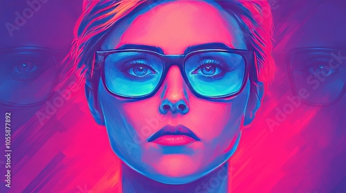 Woman with Glasses in Neon Lights Portrait