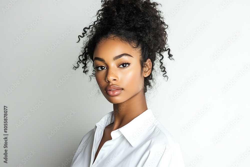 A stylish African American woman in an oversized shirt poses under balanced studio lighting, with a matte white background. A stylish African American woman in an oversized shirt poses under balanced studio lighting, with a matte white background.
