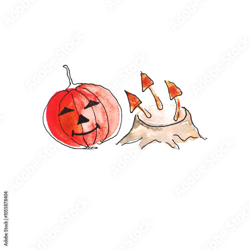 Funny pumpkin with mushrooms in watercolor.
Hand painted