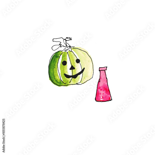 Green pumpkin with a flask of poisons in watercolor.
Hand painted