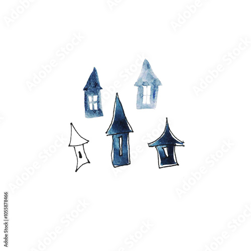 Halloween houses in watercolor.
Hand painted