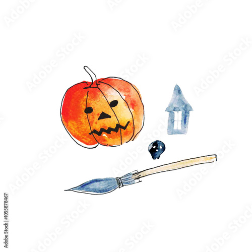 Pumpkin with broom and skull in watercolor.
Hand painted