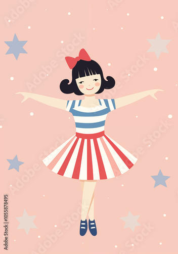 Vintage birthday card, girl ballet dancer party invite, birthday invitation with patriotic colors