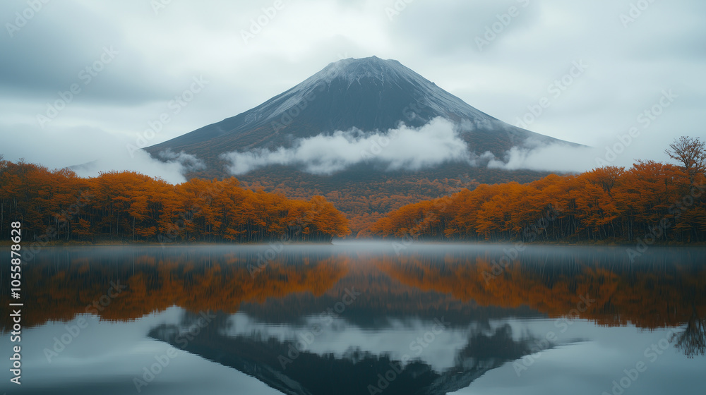 Morning mist and mountains by the lake in the autumn woods Morning mist and mountains by the lake in the autumn woods