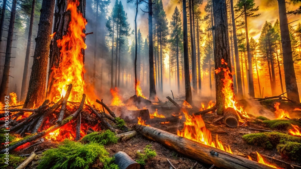 Obraz premium Macro Photography of Devastating Forest Fire Engulfing Trees in Flames, Nature's Fury Captured in Detail
