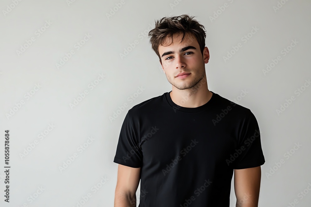 A stylish young man in a plain black T-shirt strikes a pose under vibrant studio lights, against a simple beige backdrop. A stylish young man in a plain black T-shirt strikes a pose under vibrant studio lights, against a simple beige backdrop.