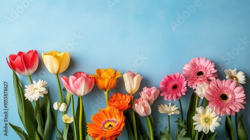 Vibrant spring flowers against a soft blue backdrop ideal for Easter or Mother s Day greetings Floral card design featuring space for personalized text photo