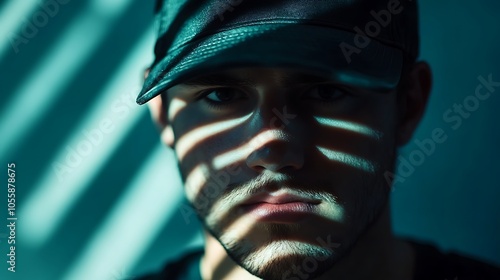 Young man with a cap covering part of his face, creating shadows with bright sunlight overhead