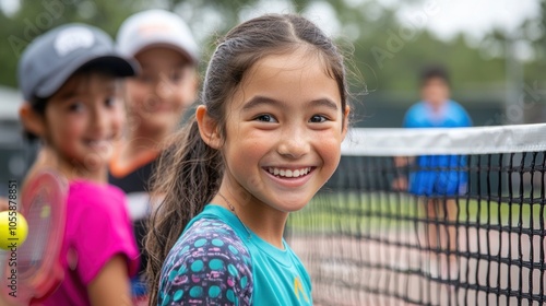 A close-up of young players smiling as they compete in a friendly pickleball match. photo