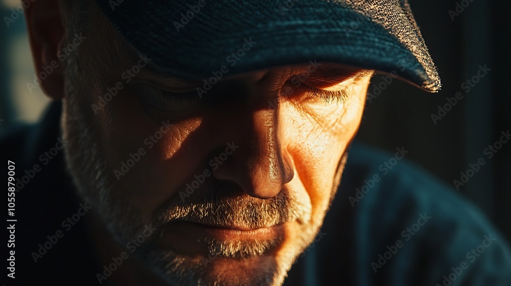 Man in a cap angled downwards, with sunlight hitting his face and ...