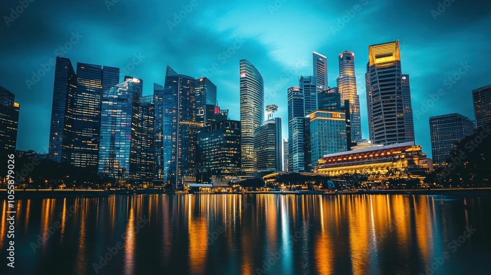 Naklejka premium Illuminated Skyscrapers Reflecting on a Calm Water Surface at Night