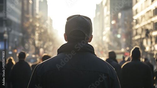 Man in a cap tilted low, with his face shadowed in a busy urban scene, creating a sense of anonymity