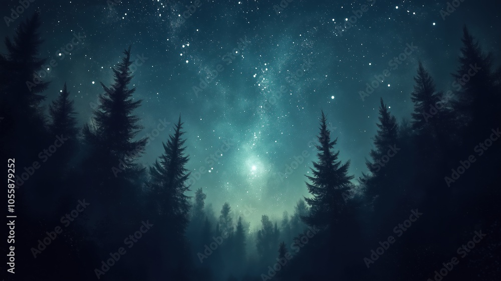 Naklejka premium Dark Forest Under a Starry Night Sky