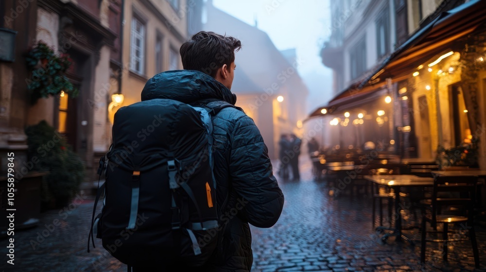 Traveler walking through a foggy street, exploring city life at dusk. Traveler walking through a foggy street, exploring city life at dusk.