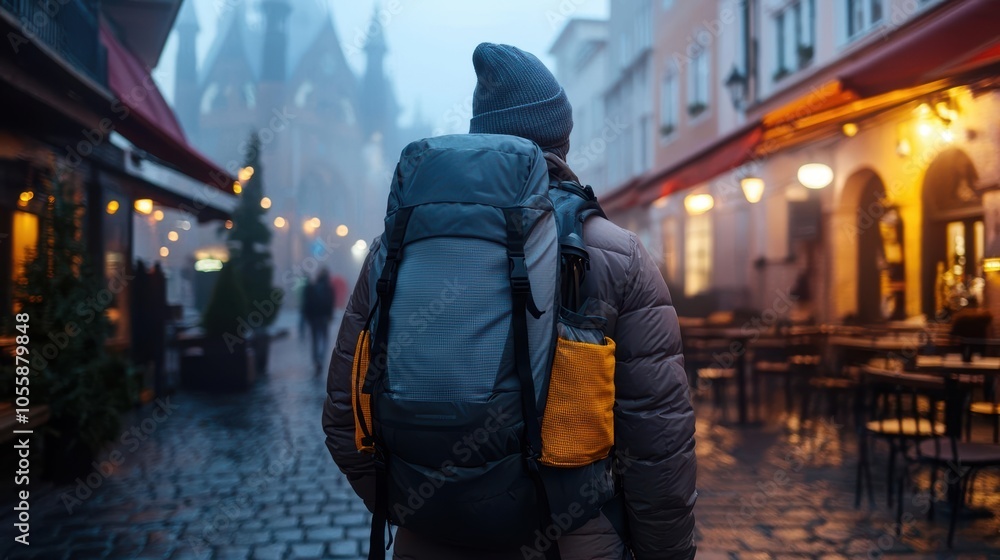 Fototapeta premium Traveler in a foggy street with a backpack, illuminated cafes in the background.