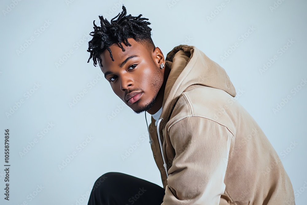 Obraz premium A young African American man in a casual streetwear outfit strikes a pose under bright studio lighting, with a solid white background.