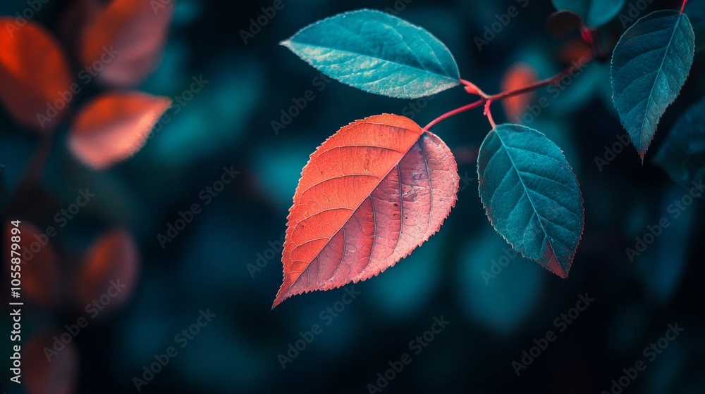 Close-up of vibrant red leaf on a plant with dark background Close-up of vibrant red leaf on a plant with dark background