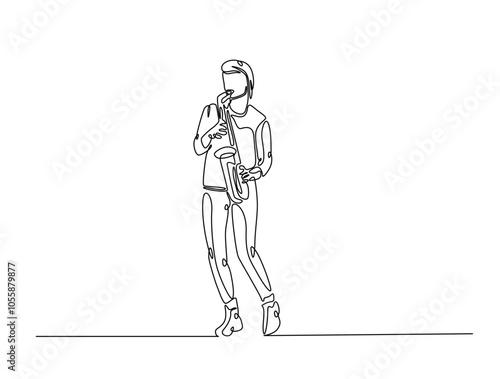 Continuous one line drawing of Saxophonist mucisian. Saxophone player single line art vector illustration. Editable vector.