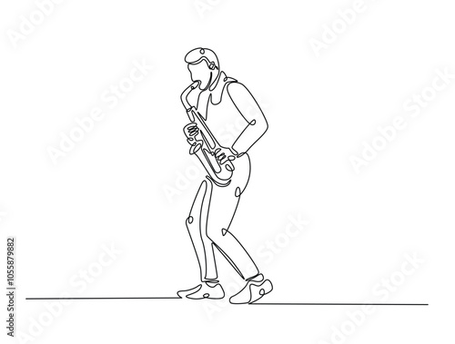 Continuous one line drawing of Saxophonist mucisian. Saxophone player single line art vector illustration. Editable vector.