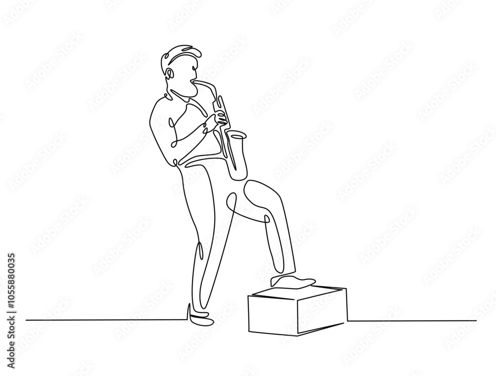 Continuous one line drawing of Saxophonist mucisian. Saxophone player single line art vector illustration. Editable vector. Continuous one line drawing of Saxophonist mucisian. Saxophone player single line art vector illustration. Editable vector.