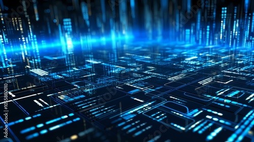 Futuristic digital cityscape with glowing lines and data servers