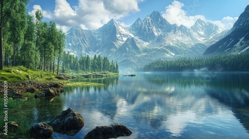 Serene proteomics setting featuring still water and impressive mountains photo