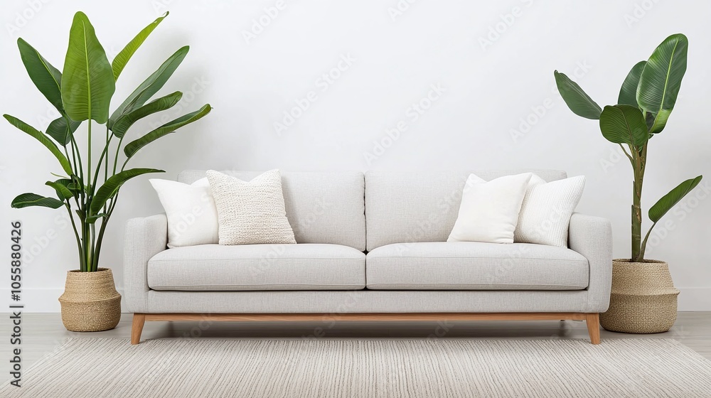 Scandinavian Living Room with Neutral Sofa: A bright, airy space with a small, light gray sofa accented by cozy white and beige throw pillows, natural wood accents Scandinavian Living Room with Neutral Sofa: A bright, airy space with a small, light gray sofa accented by cozy white and beige throw pillows, natural wood accents