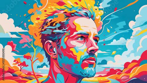 Vibrant Artistic Impression of Bearded Man in Colorful Abstract