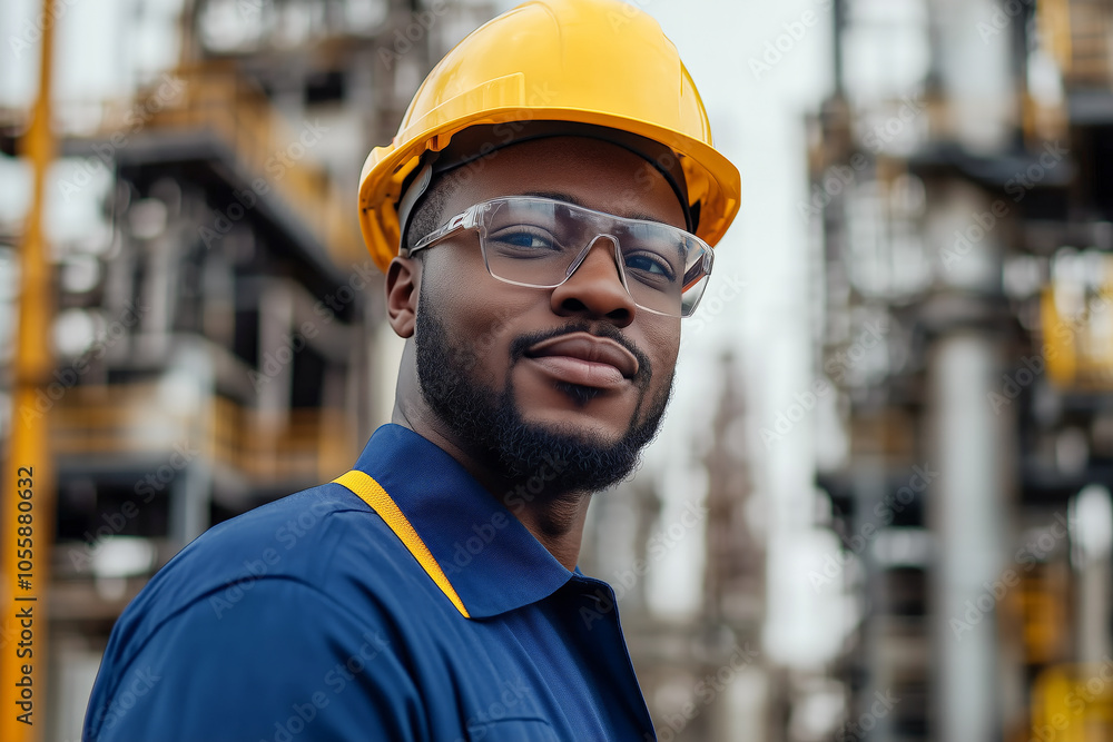 Portrait of African American man engineer in blue uniform, yellow hard hat, and protective glasses stands against blurred background of refinery. Portrait of African American man engineer in blue uniform, yellow hard hat, and protective glasses stands against blurred background of refinery.