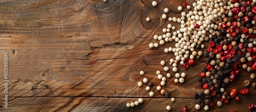 White Pepper Red Chilli Rice Seed Condiment Background Is Wood photo