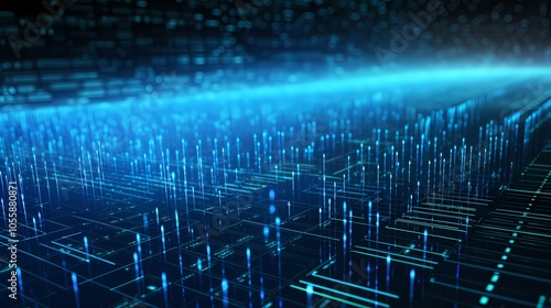 Futuristic digital cityscape with glowing lines and data servers